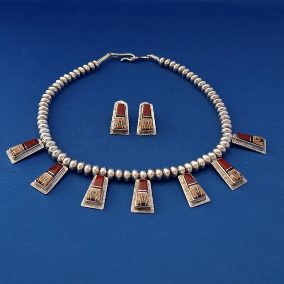 Vintage Navajo Tommy Jackson Mosaic Inlay Necklace and Earrings Set